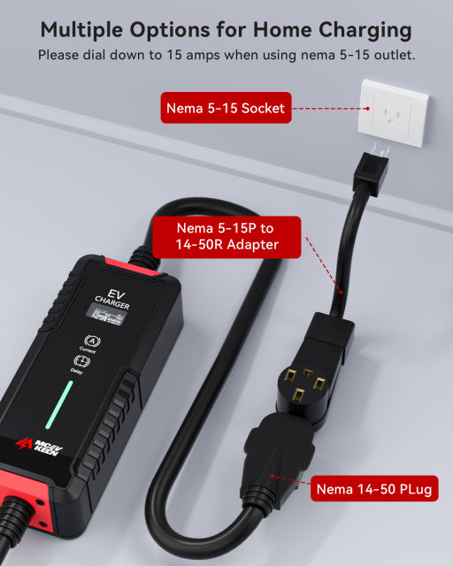 MCEVKELN EV Charger Level 2 40A - J1772 Plug Nema 14-50P |25 feet Cable| Nema 5-15P to 14-50R Adapter|Portable Home Charging Station| borne de Recharge véhicule électrique niveau 2