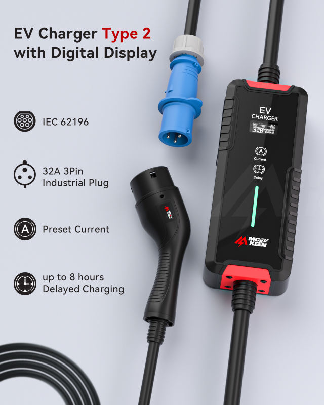 MCEVKELN Type 2 Charging Cable CEE 7kW- EV Charger Type 2 32A| 1-Phase| 7M Mode 3 Charging Cable | Switchable Current 6A-32A