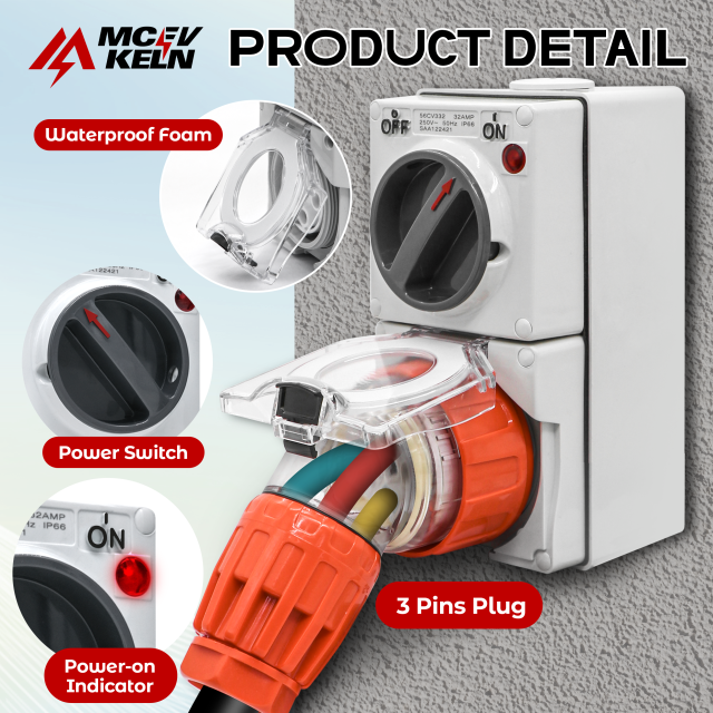 MCEVKELN 32 Amp Power Inlet Box | Pre-Drilled for 3 Round Pin Industrial Plug | IP66 | Flame Retardant | 7200 Watts with Indicator Light