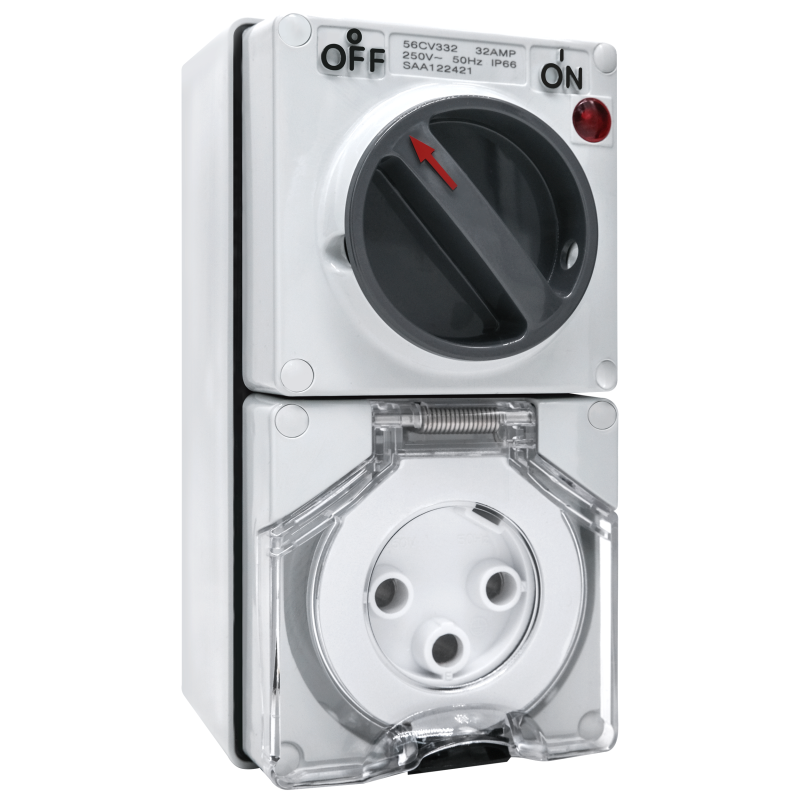 MCEVKELN 32 Amp Power Inlet Box | Pre-Drilled for 3 Round Pin Industrial Plug | IP66 | Flame Retardant | 7200 Watts with Indicator Light
