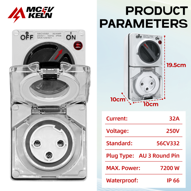 MCEVKELN 32 Amp Power Inlet Box | Pre-Drilled for 3 Round Pin Industrial Plug | IP66 | Flame Retardant | 7200 Watts with Indicator Light