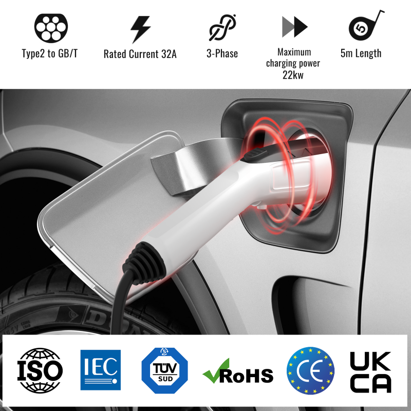 Type 2 to GBT 32A 22KW EV Charging Cable