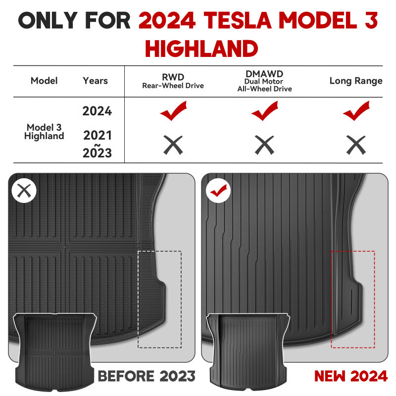 2024 Model 3 Highland TPE Floor & Cargo Mats, Anti-Slip & Waterproof