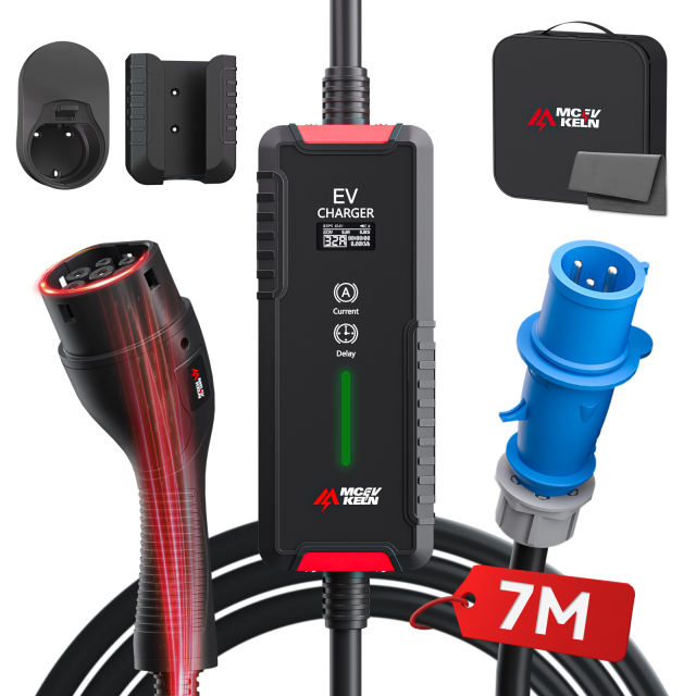 Portable Type 2 EV Charger 6A-32A With CEE Plug, IP65 Rated, 7M/10M Cable Optional With Carry Bag