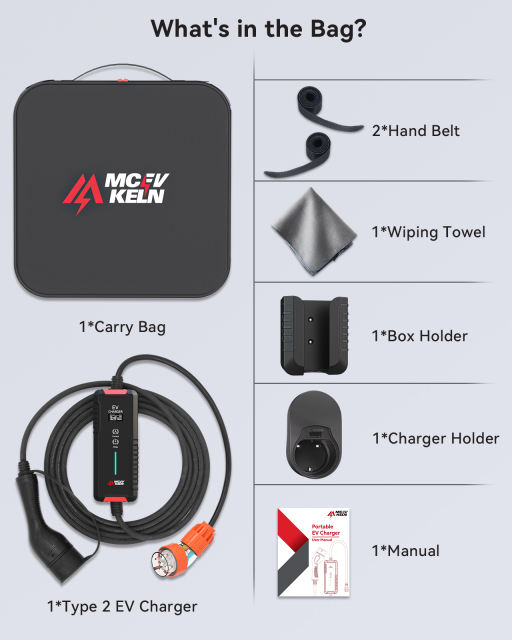 Portable Type 2 EV Charger 6A-32A with Australian 3pin Plug, IP65 Rated, 10M Cable With Carry Bag