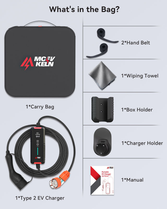Portable Type 2 EV Charger 6A-32A with Australian 3pin Plug, IP65 Rated, 10M Cable With Carry Bag