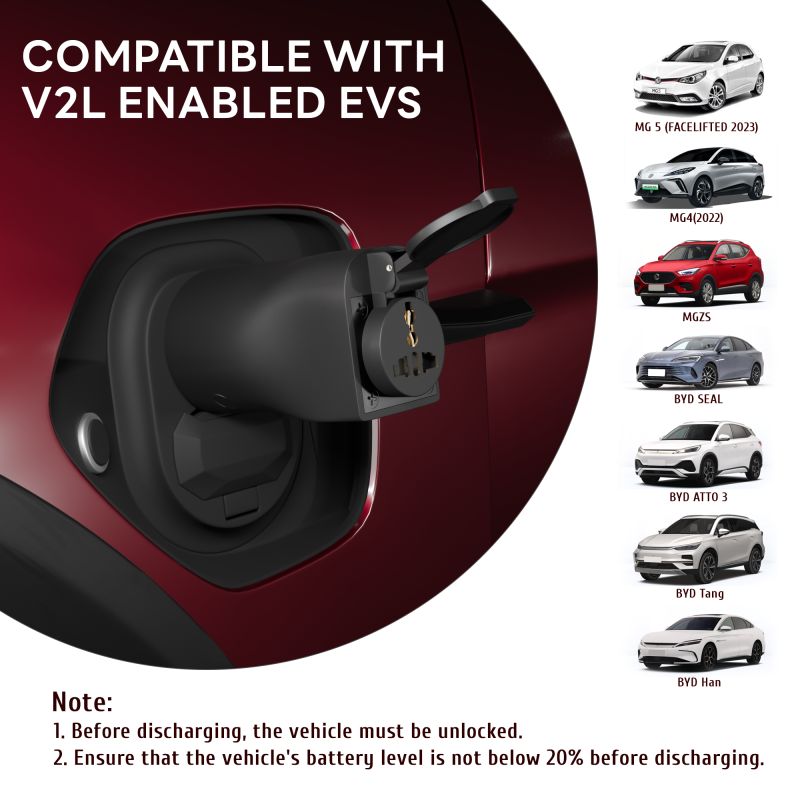 Type 2 V2L Adapter for BYD, MG, Hyundai Discharging