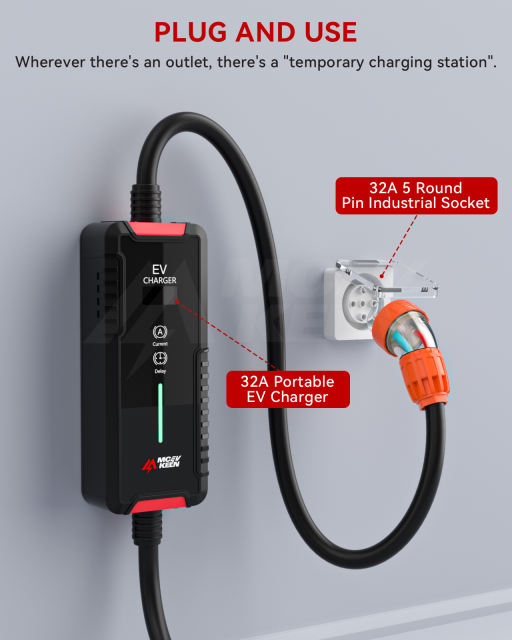 Portable Type 2 EV Charger 6A-32A with Australian 5 pin Plug, IP65 Rated, 5M Cable With Carry Bag