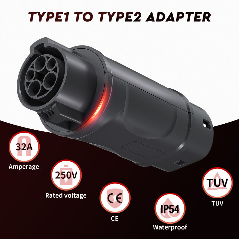 Type 1 to Type 2 EV Charging Adapter, 32A, 250V, 7kW