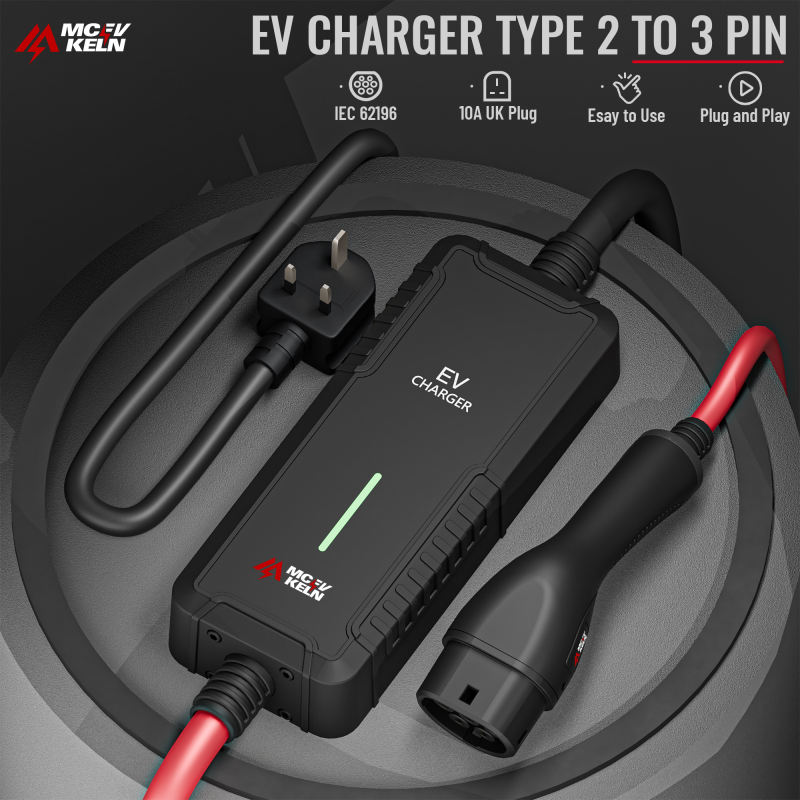Portable Type 2 EV Charger 10A with UK Plug, IP65 Rated 10M Cable Optional With Carry Bag