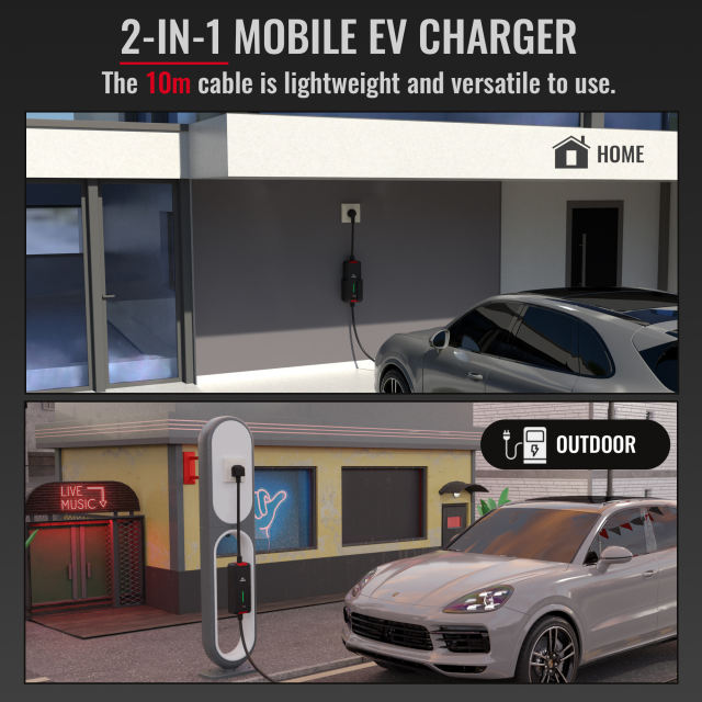 Type 2 to UK 3-Pin EV Charger Cable – 10m, 2.3kW (10A), IP67 Rated | Universal Portable Charging Lead with Safety Protection