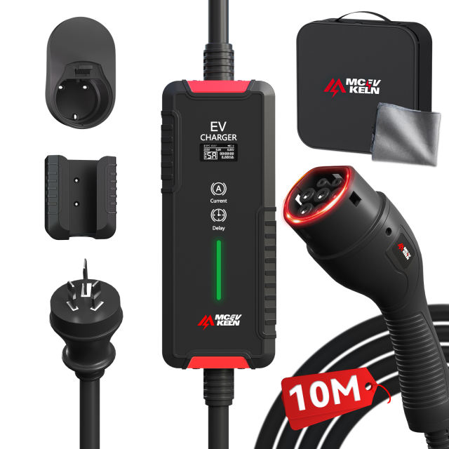 Portable Type 2 EV Charger 6A-15A with Australian 15A Plug, RCM Certified, IP65 Rated, 5M/10M Cable Optional With Carry Bag