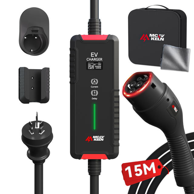 Portable Type 2 EV Charger 6A-15A with Australian 15A Plug, RCM Certified, IP65 Rated, 5M/10M Cable Optional With Carry Bag