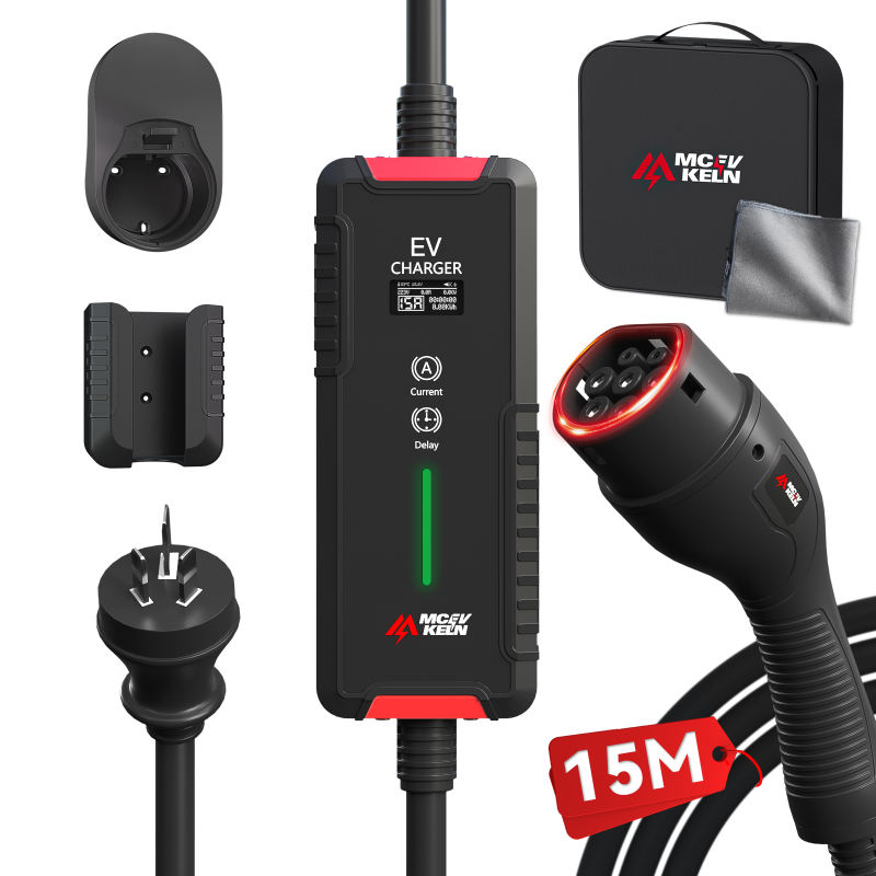 Portable Type 2 EV Charger 6A-15A with Australian 15A Plug, RCM Certified, IP65 Rated, 5M/10M Cable Optional With Carry Bag