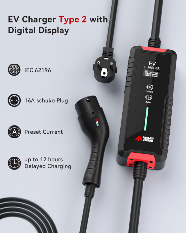 Portable Type 2 EV Charger 6A-16A with Schuko Plug, IP67 Rated, 5M/8M/12M Cable Optional With Carry Bag
