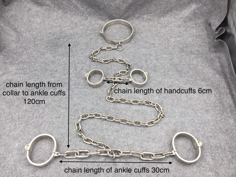 Stainless Steel Bondage Kit Collar+Handcuffs+Ankle Cuffs Connected with Chain
