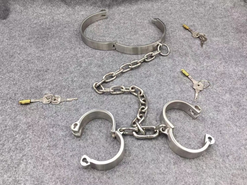 Steel Bondage Kit Neck to Wrist Restraints Device Collar+Handcuffs Connected by Chain