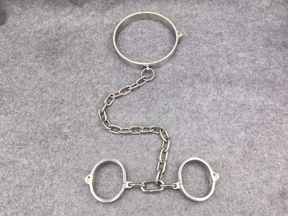 Steel Bondage Kit Neck to Wrist Restraints Device Collar+Handcuffs Connected by Chain