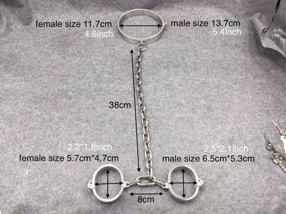 Steel Bondage Kit Neck to Wrist Restraints Device Collar+Handcuffs Connected by Chain