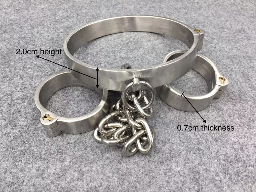 Steel Bondage Kit Neck to Wrist Restraints Device Collar+Handcuffs Connected by Chain