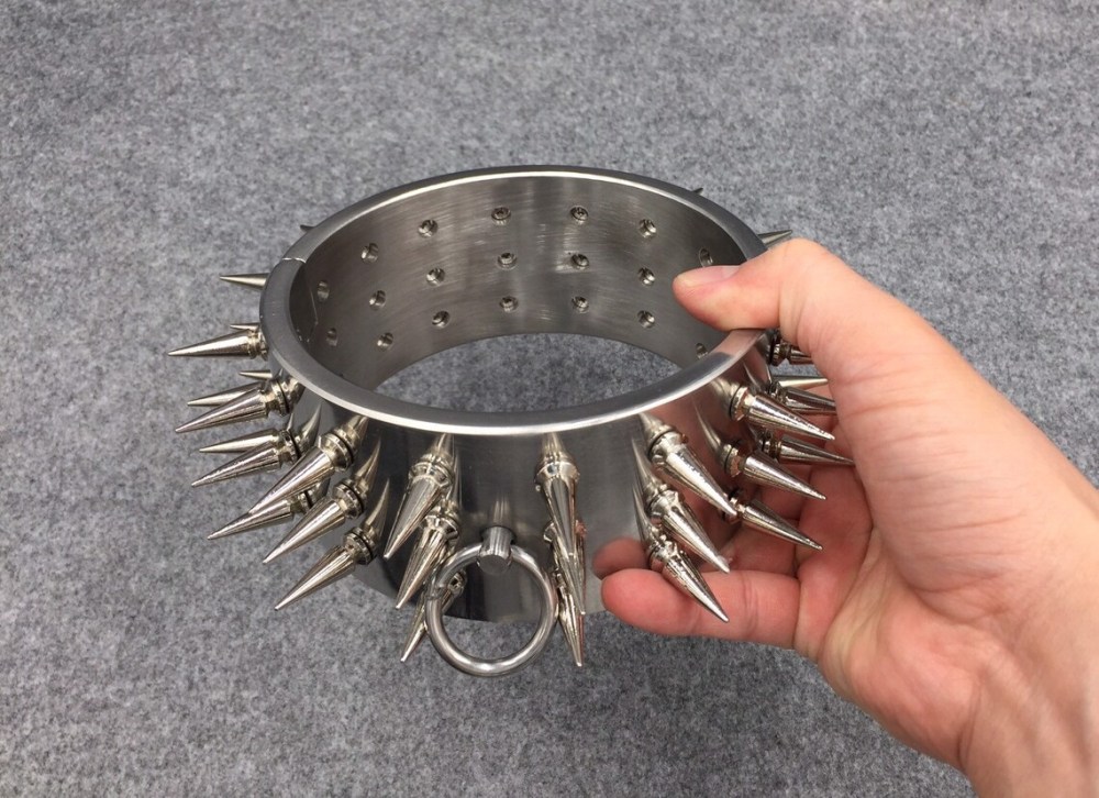 Customizable Metal Bondage Gear Device Stainless Steel Collar With 3 Row Of Spikes