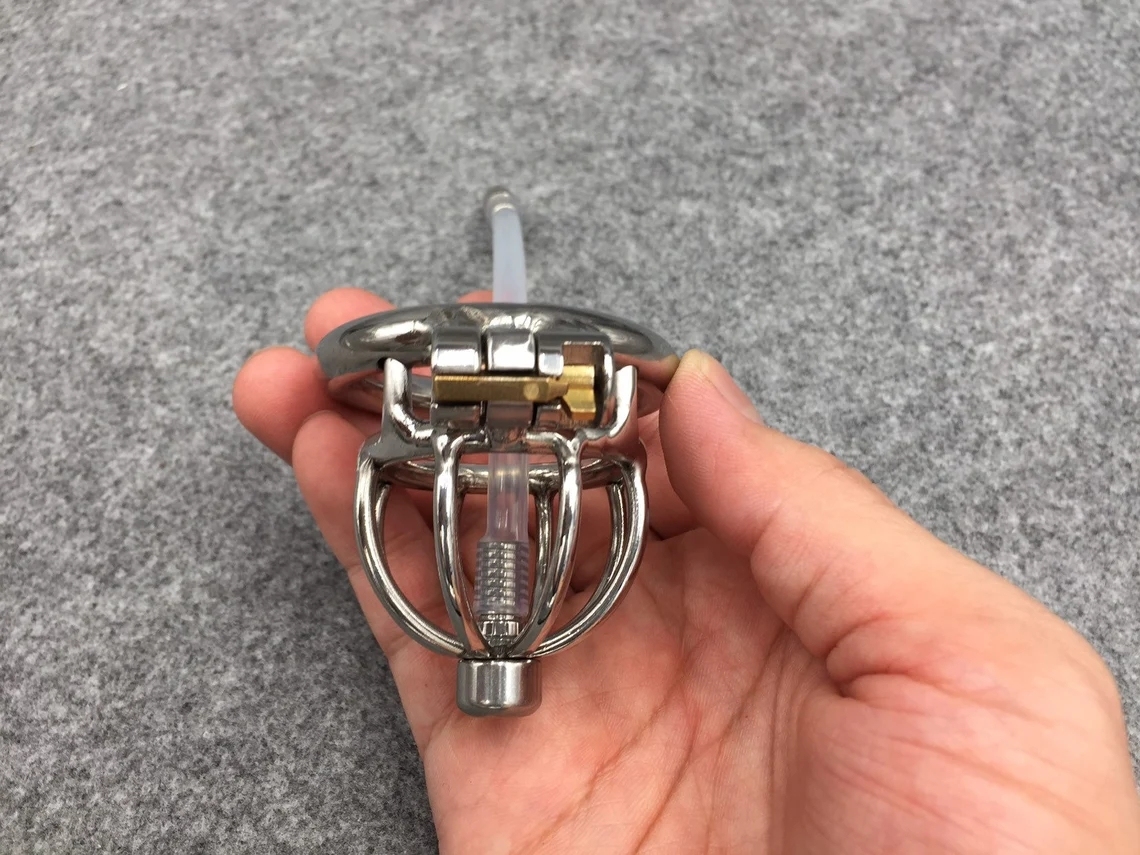 Male Chastity Device 45mm/1.77inch Length Stainless Steel Short Cock Cage with Catheter