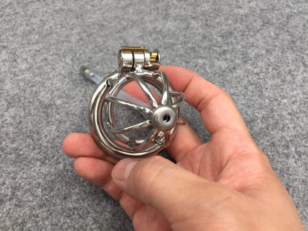Male Chastity Device 45mm/1.77inch Length Stainless Steel Short Cock Cage with Catheter