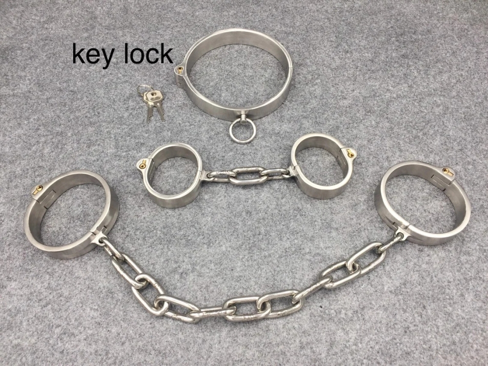 Stainless Steel Shackles 3 In 1 Kit Collar+Handcuffs+Ankle Cuffs Bondage Gear Set (Key Lock/Screw Lock)