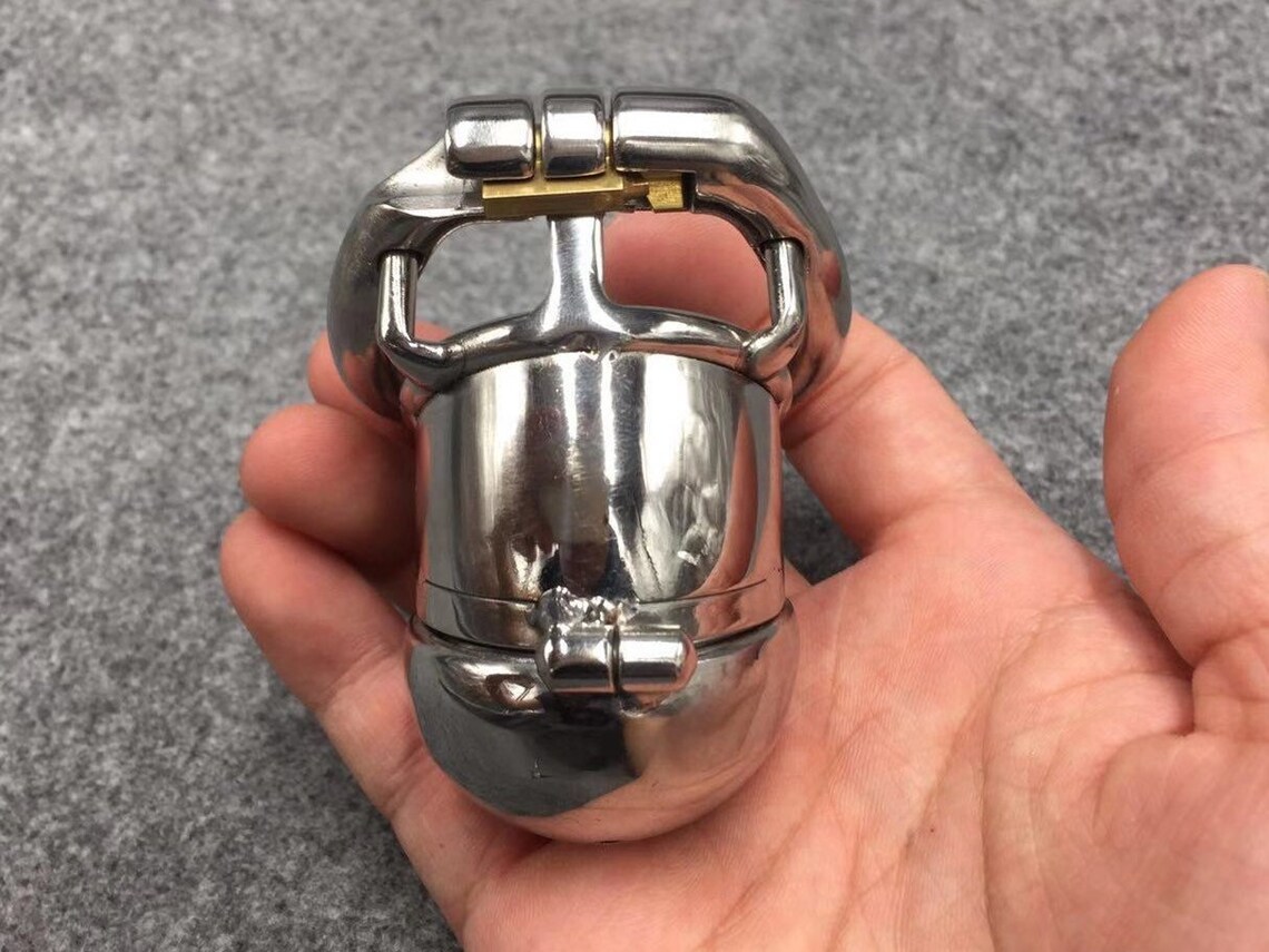 2 Locks Design 65mm/2.56inch Length Chastity Cage Stainless Steel Metal Cock Cage with Hinged Base Ring