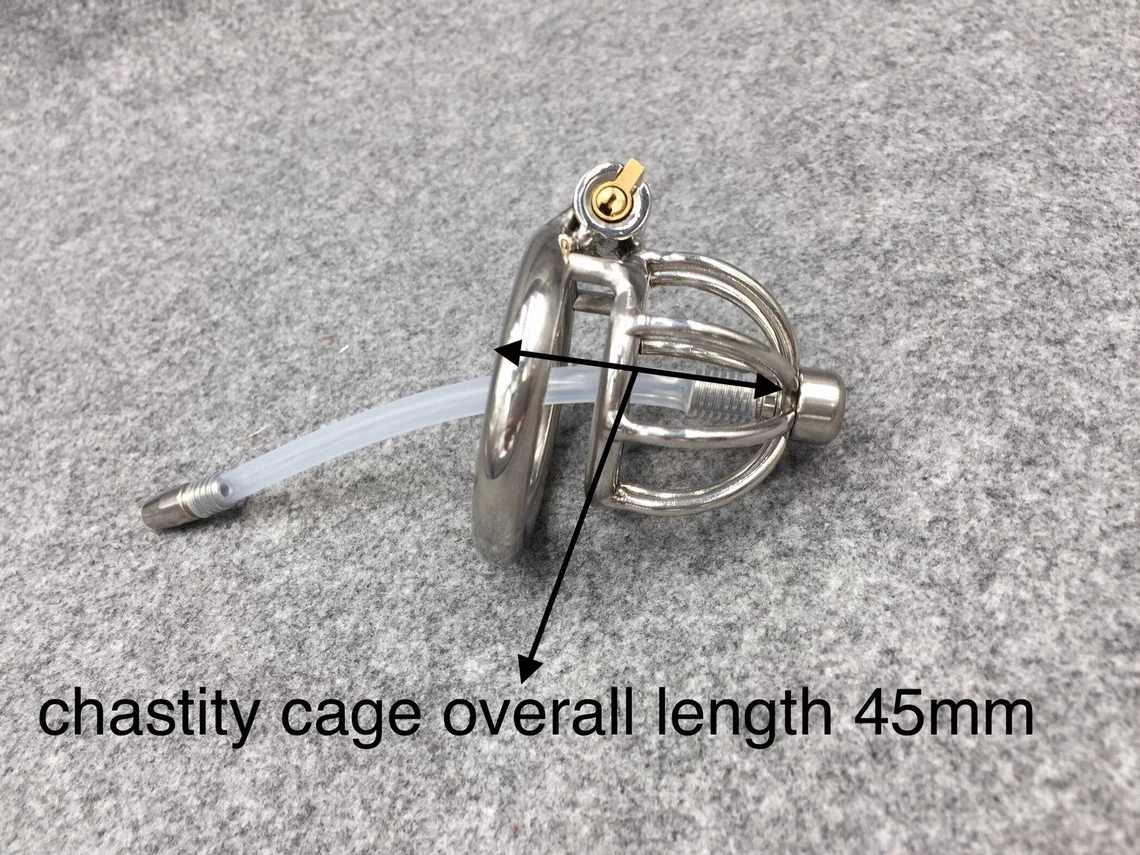 Male Chastity Device 45mm/1.77inch Length Stainless Steel Short Cock Cage with Catheter