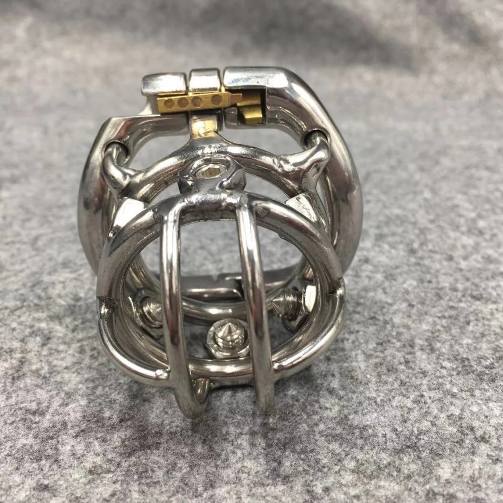 Male Chastity Device Stainless Steel Metal Spikes Cock Cage 55mm/2.2inch Length with Hinged Base Ring