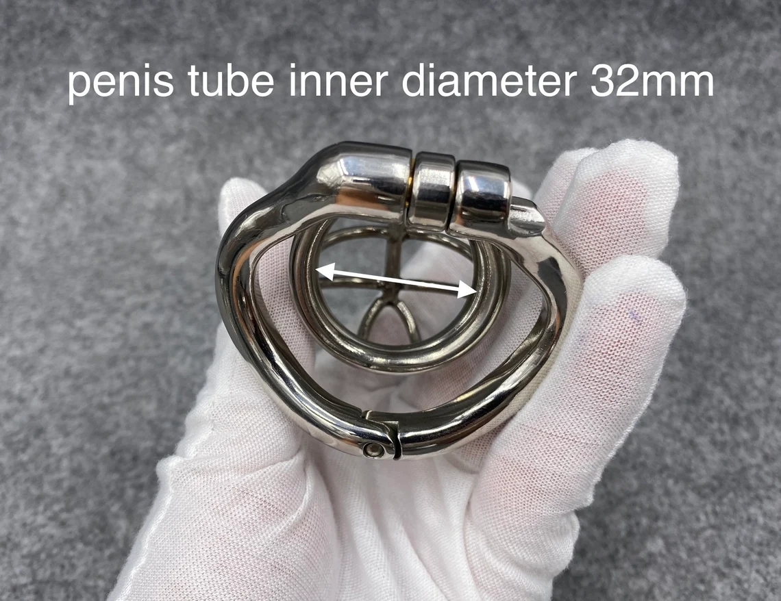 Male Chastity Device Stainless Steel Kink Shape Cock Cage 65mm/2.56inch Length with Hinged Base Ring