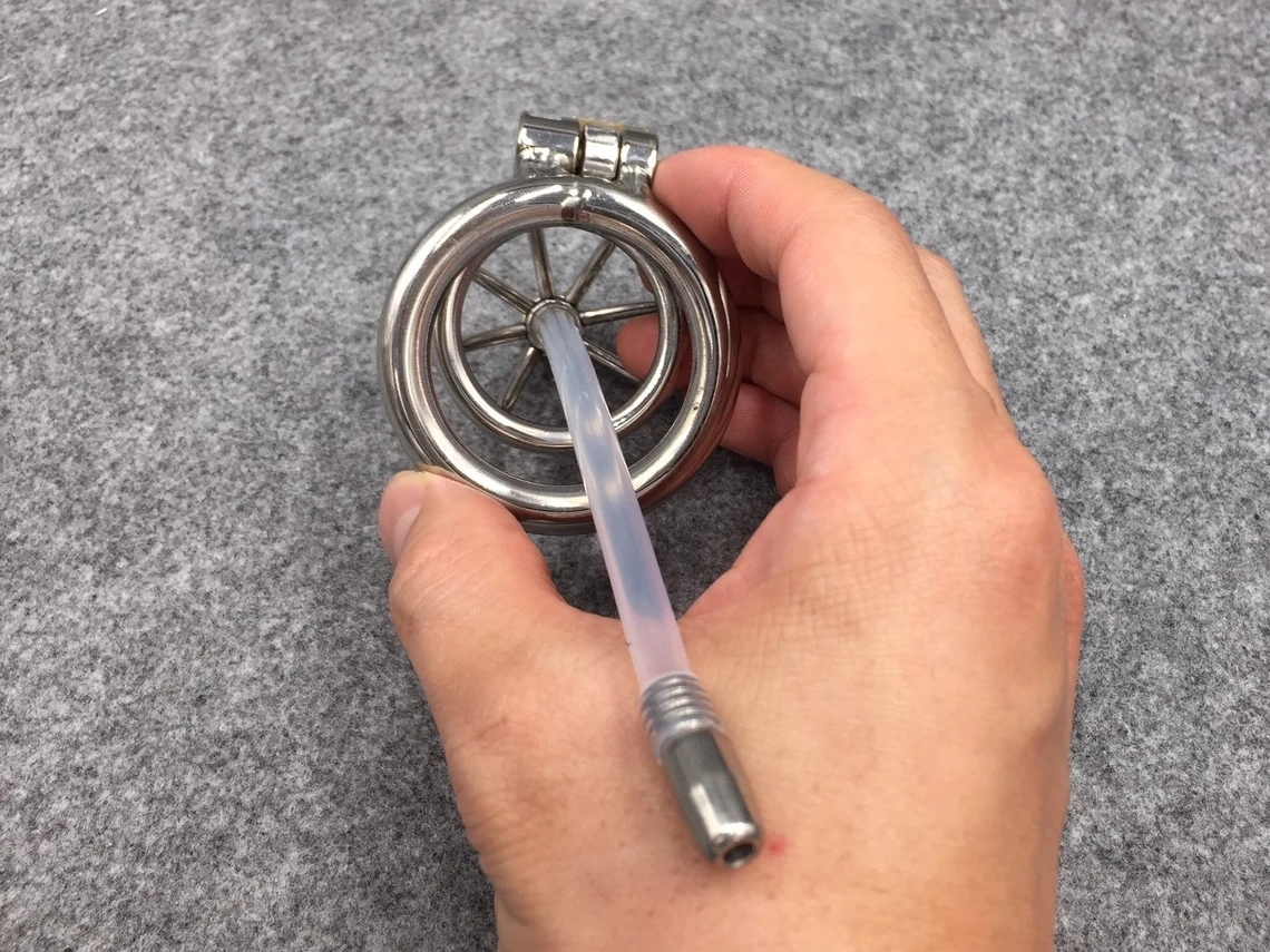 Male Chastity Device 45mm/1.77inch Length Stainless Steel Short Cock Cage with Catheter