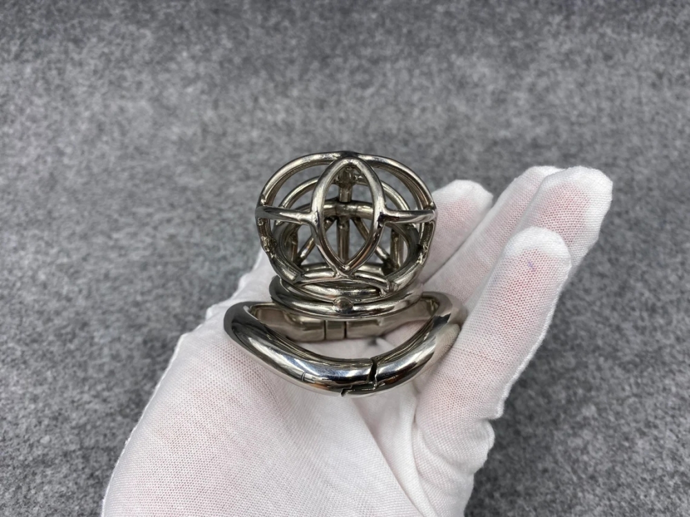 Male Chastity Device Stainless Steel Kink Shape Cock Cage 65mm/2.56inch Length with Hinged Base Ring