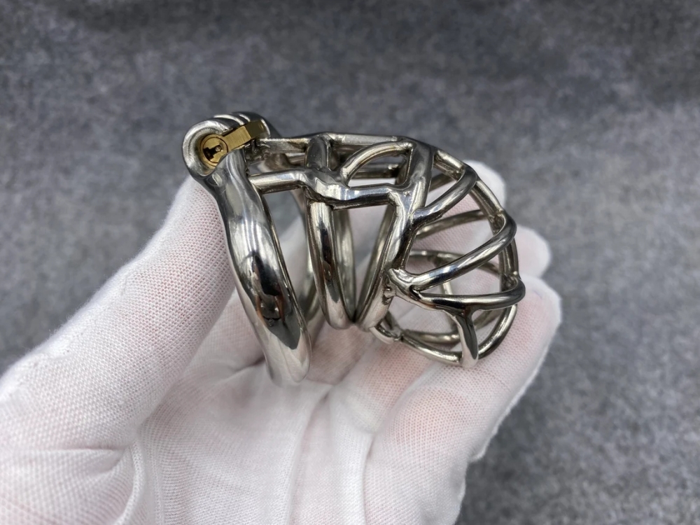 Male Chastity Device Stainless Steel Kink Shape Cock Cage 65mm/2.56inch Length with Hinged Base Ring