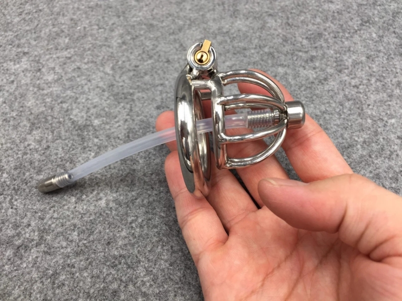 Male Chastity Device 45mm/1.77inch Length Stainless Steel Short Cock Cage with Catheter