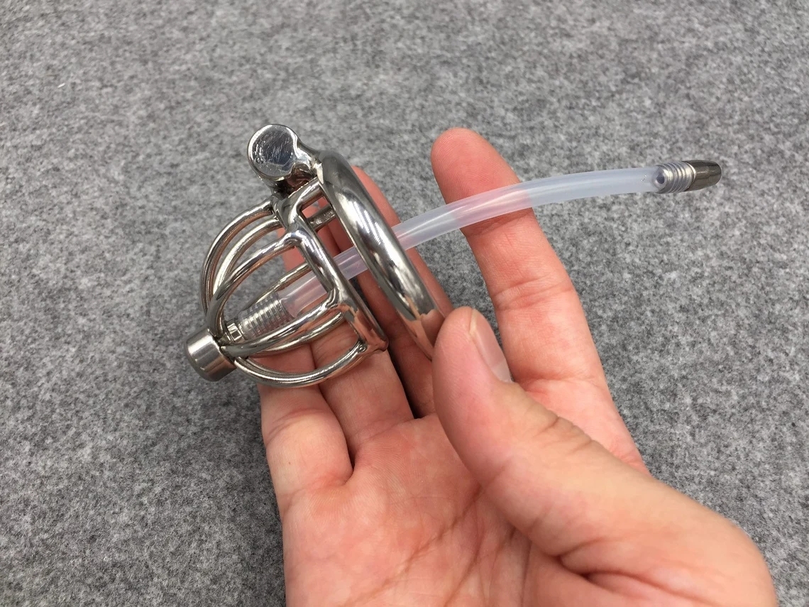 Male Chastity Device 45mm/1.77inch Length Stainless Steel Short Cock Cage with Catheter