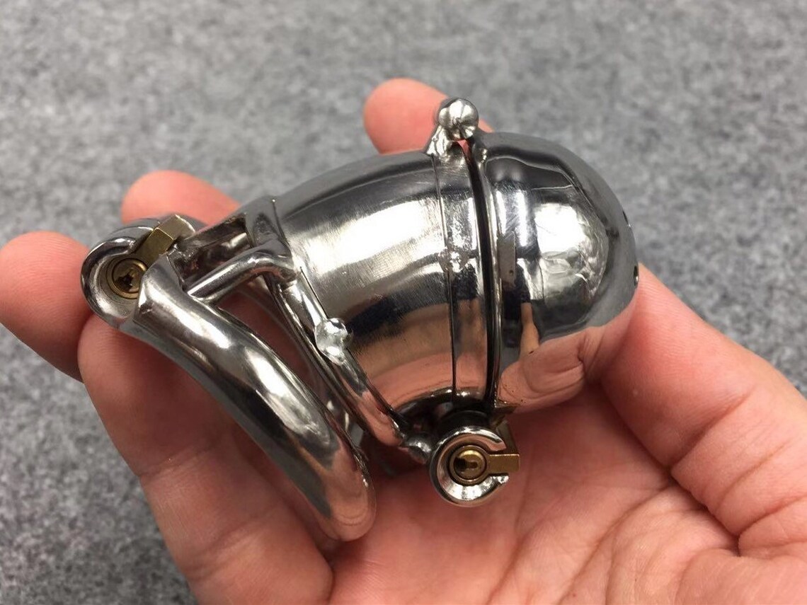 2 Locks Design 65mm/2.56inch Length Chastity Cage Stainless Steel Metal Cock Cage with Hinged Base Ring