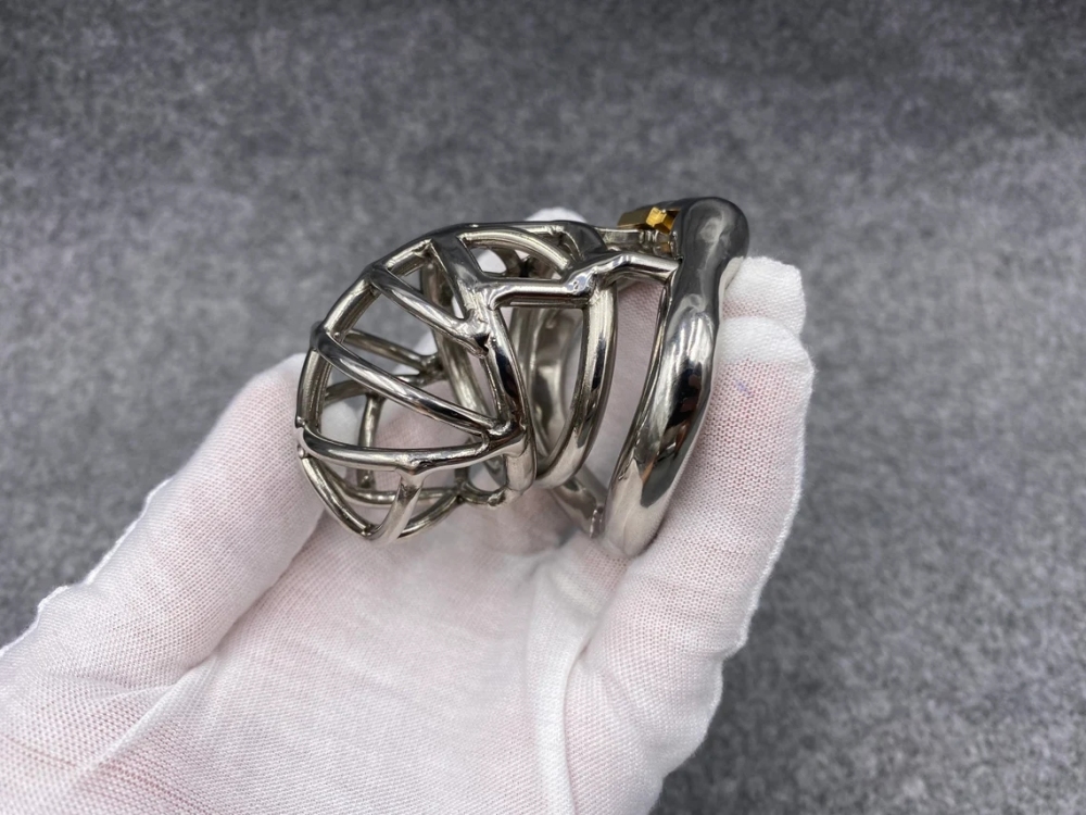 Male Chastity Device Stainless Steel Kink Shape Cock Cage 65mm/2.56inch Length with Hinged Base Ring