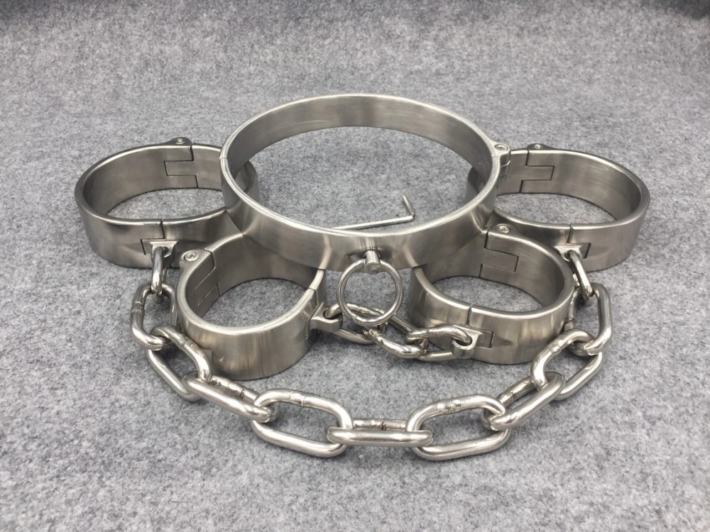 Stainless Steel Shackles 3 In 1 Kit Collar+Handcuffs+Ankle Cuffs Bondage Gear Set (Key Lock/Screw Lock)
