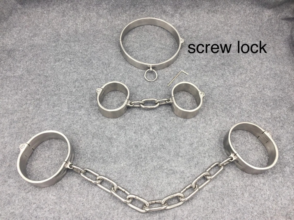 Stainless Steel Shackles 3 In 1 Kit Collar+Handcuffs+Ankle Cuffs Bondage Gear Set (Key Lock/Screw Lock)