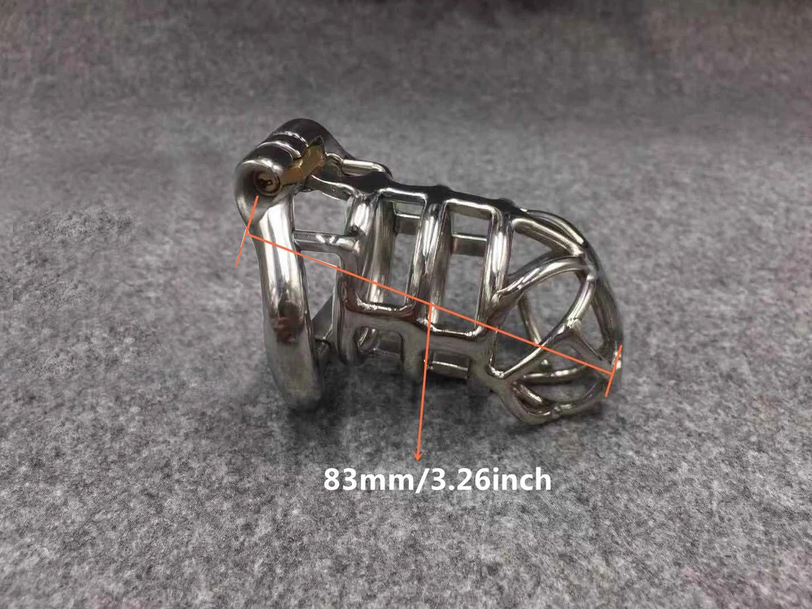 Male Chastity Device Stainless Steel Metal Cock Cage 83mm/3.26inch Length with Hinged Base Ring