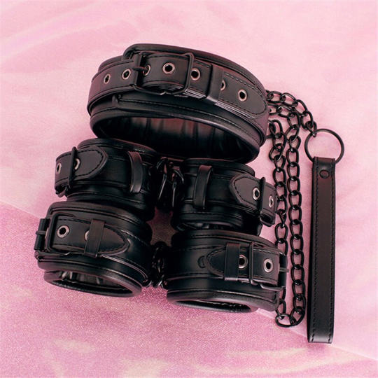 Premium PU Leather Size Adjustable Bondage Restraints Kit Including Hand Cuffs Ankle Cuffs Neck Collar