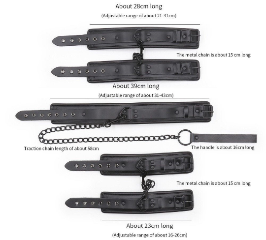 Premium PU Leather Size Adjustable Bondage Restraints Kit Including Hand Cuffs Ankle Cuffs Neck Collar