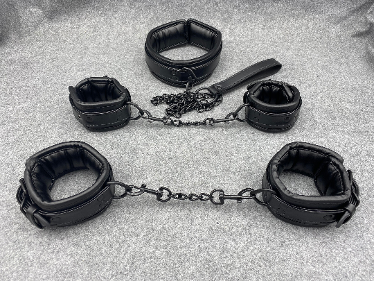 Premium PU Leather Size Adjustable Bondage Restraints Kit Including Hand Cuffs Ankle Cuffs Neck Collar