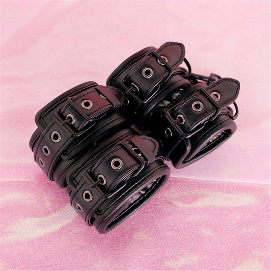 Premium PU Leather Size Adjustable Bondage Restraints Kit Including Hand Cuffs Ankle Cuffs Neck Collar