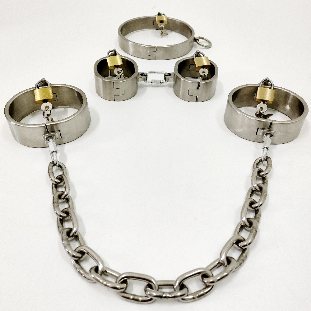 Stainless Steel Padlock 3 In 1 Kit Collar+Handcuffs+Ankle Cuffs Bondage Gear Set