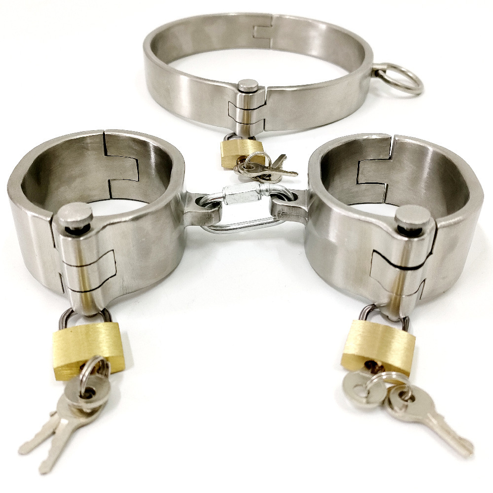 Stainless Steel Padlock 3 In 1 Kit Collar+Handcuffs+Ankle Cuffs Bondage Gear Set