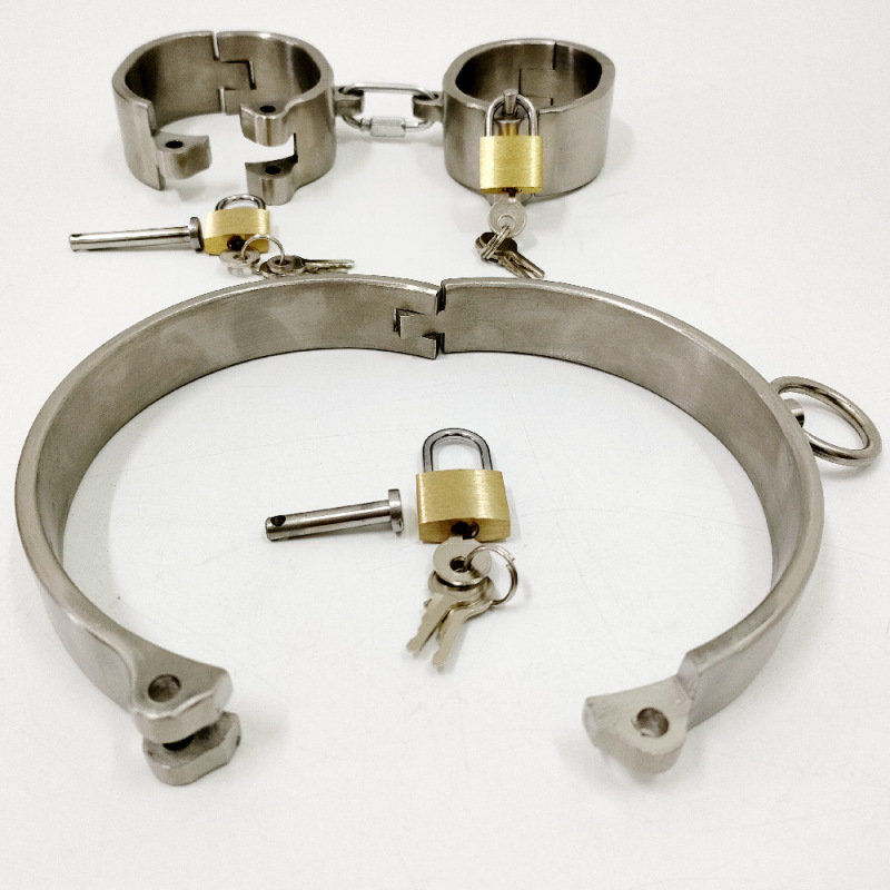 Stainless Steel Padlock 3 In 1 Kit Collar+Handcuffs+Ankle Cuffs Bondage Gear Set