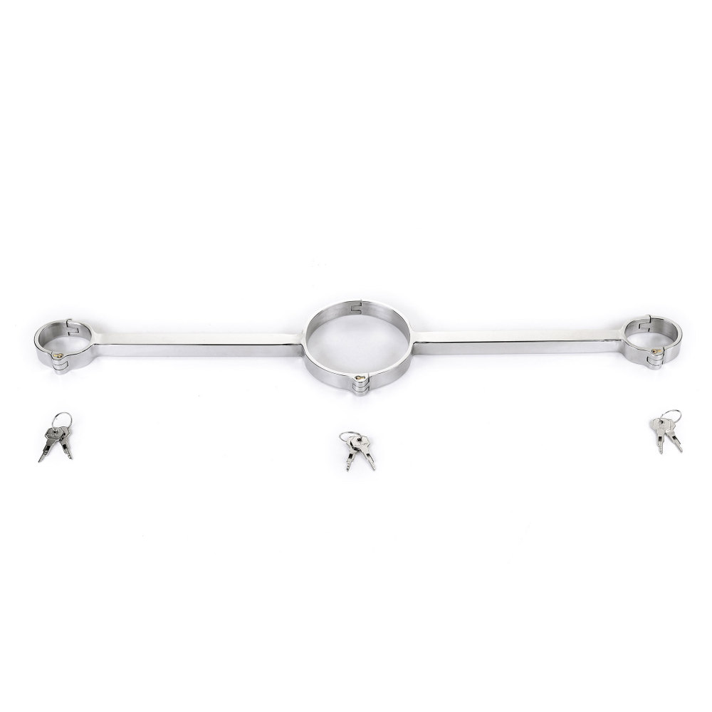 One Line Shape Stainless Steel Handcuffs And Collar Bondage Gear